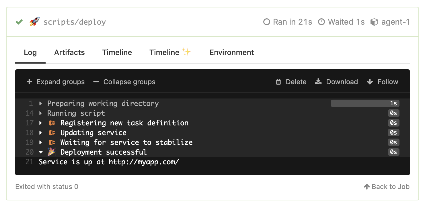 Screenshot of a deploy step output