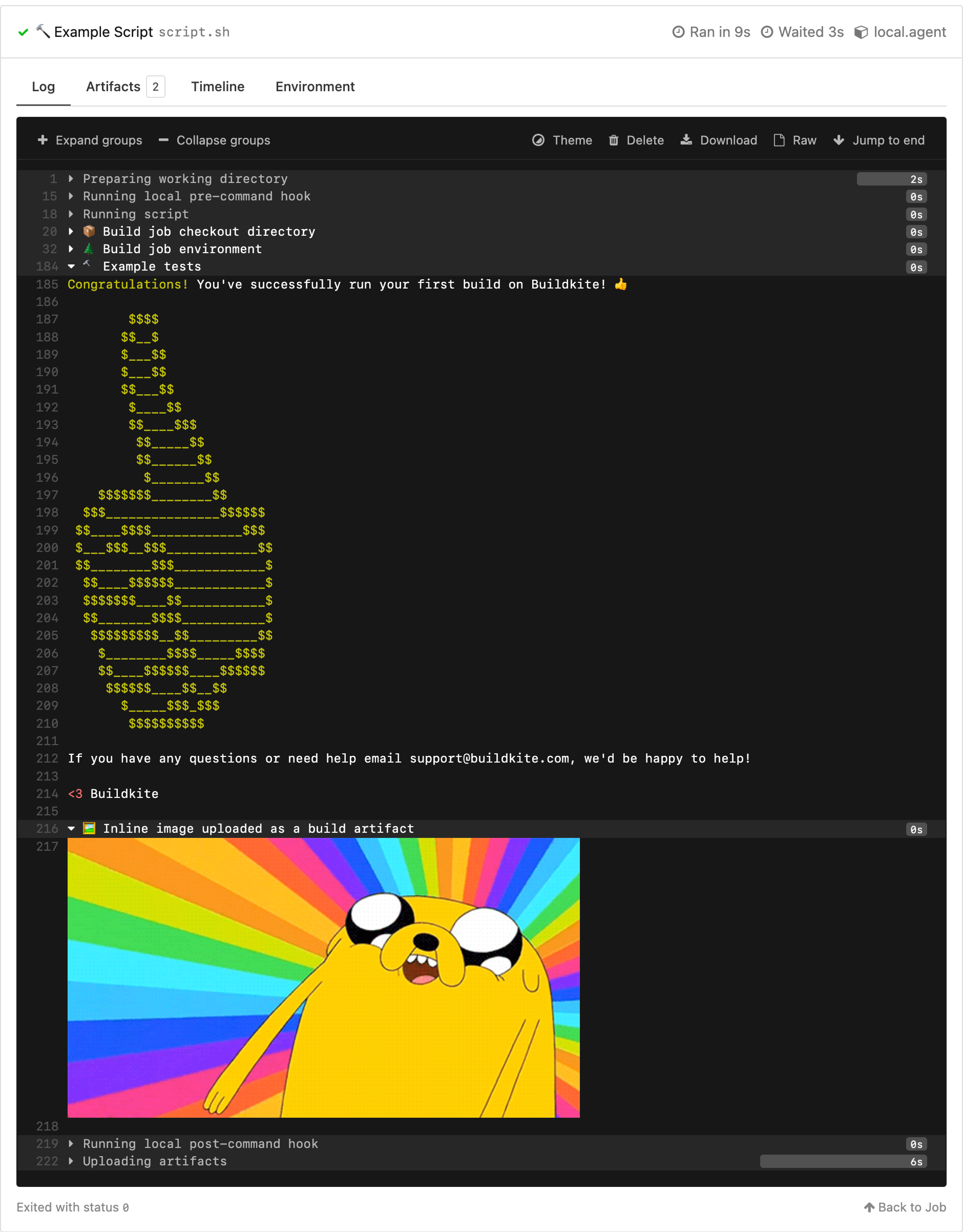 The log output from the Example Script step